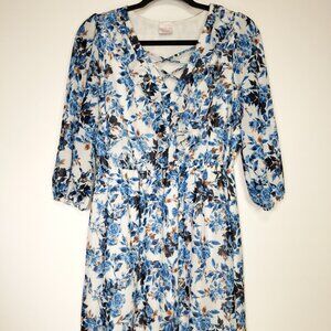 Luna Size XL Blue Floral Mesh V-Neck 3/4 Sleeve Fit Flare Dress